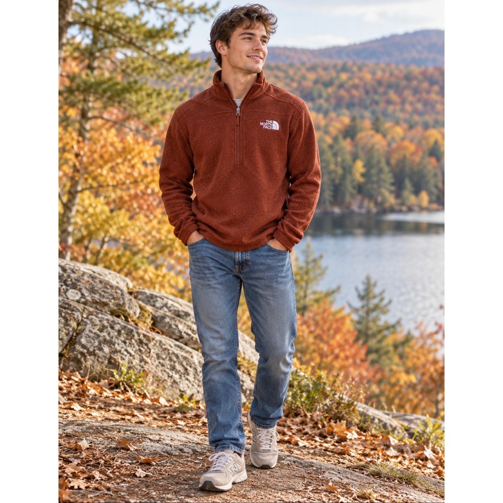 The North Face Men's Medium Rust Quarter Zip Textured Fleece Pullover Outdoor